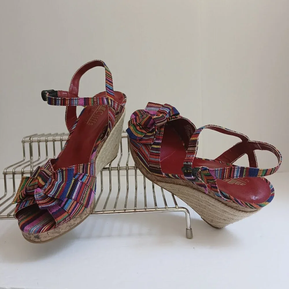 Multicolored Striped Fabric Peeptoe Cork&Rope Ankle Strap Wedge Sandals Sz 6.5